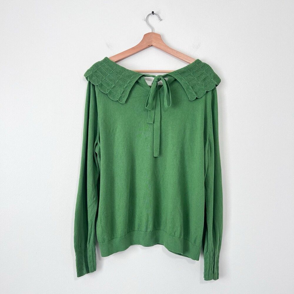 Boden Tie Back Collar Jumper Sweater US 20/22 Green Cotton Wool Scallop Knit - Picture 5 of 8